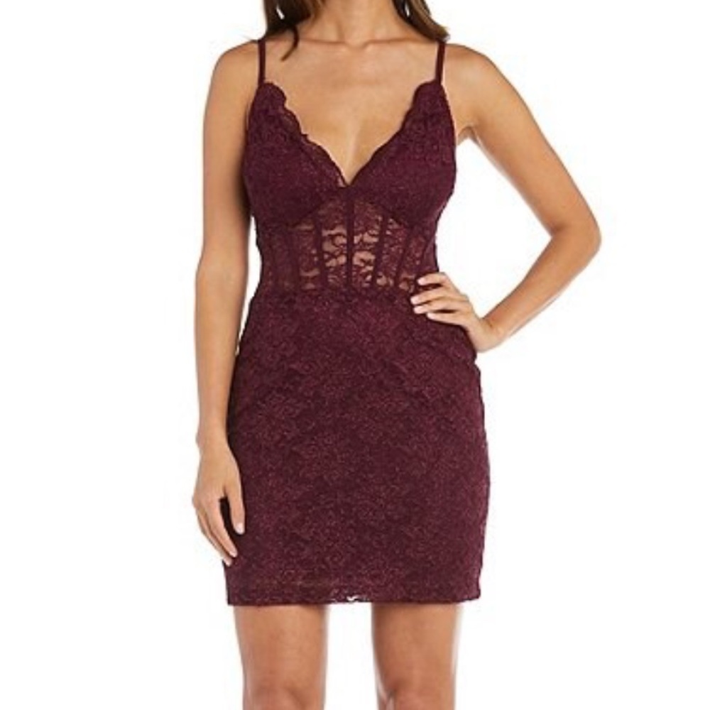 Morgan & Co. Burgundy Lace Dress 12976 Short Cocktail New With Tags Size 15/XL